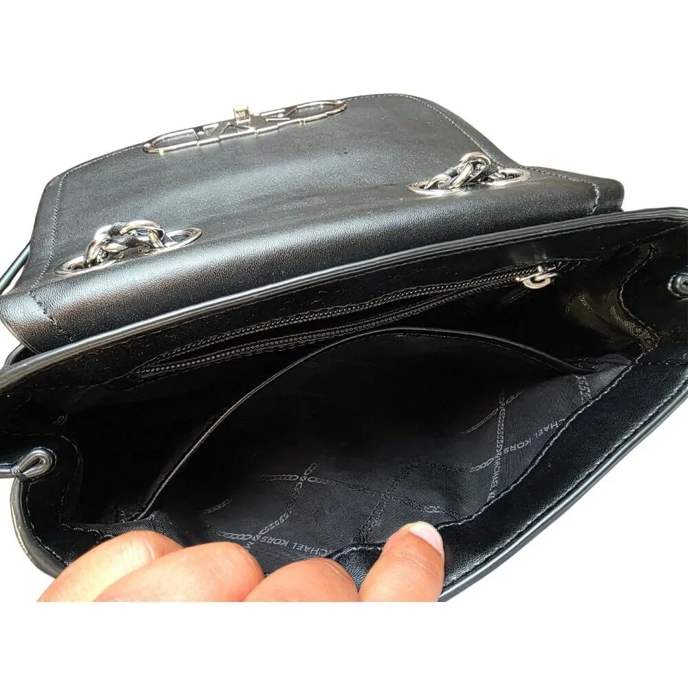 Michael Kors Parker Convertible Chain Shoulder Bag Black Leather Silver